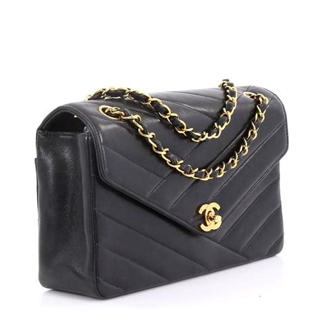 Vintage Chanel Chevron Envelope Flap Shoulder Bag Navy and 